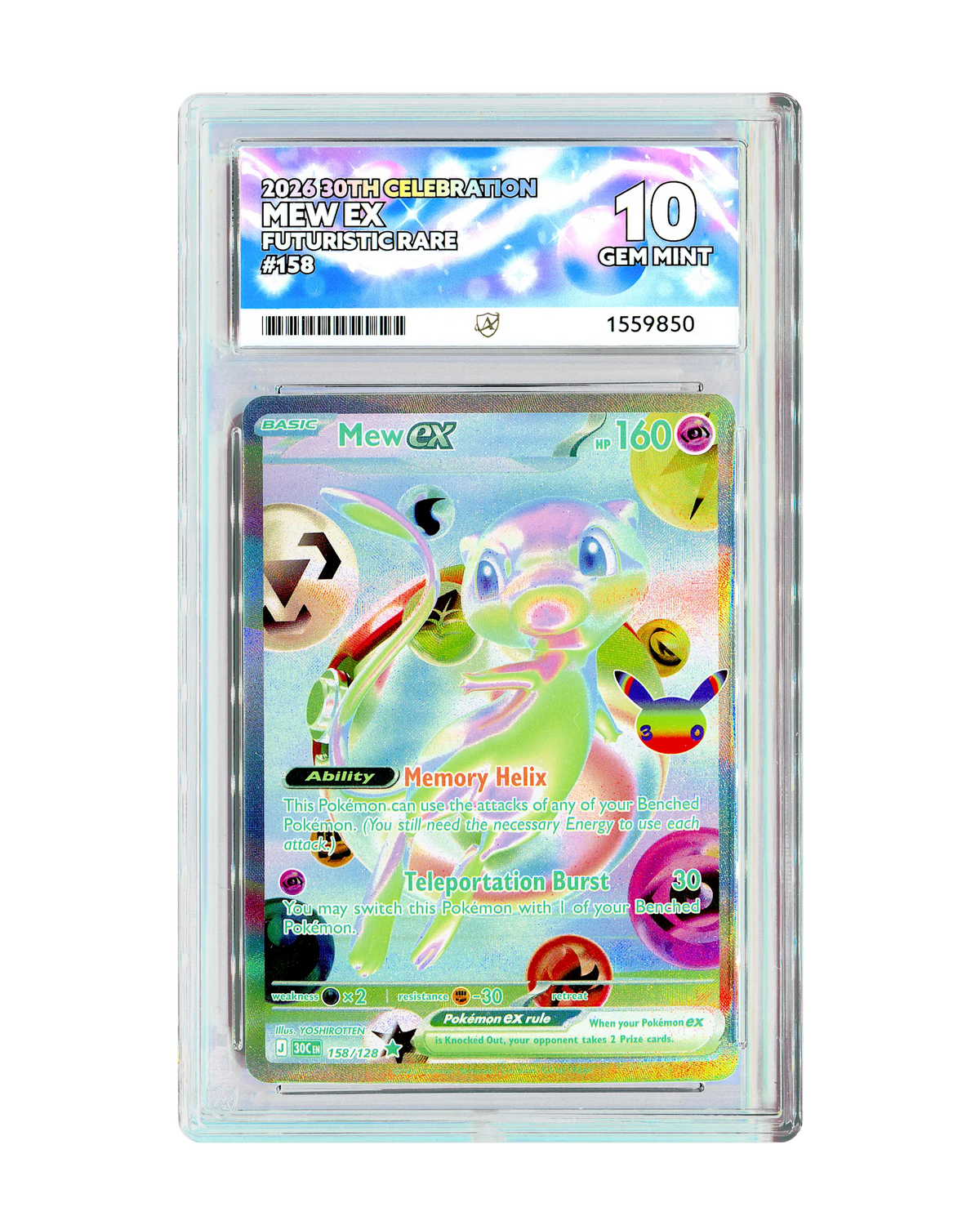 ACE 10 Gem Mint Mew ex 2026 30th Celebration Futuristic Rare 158/128