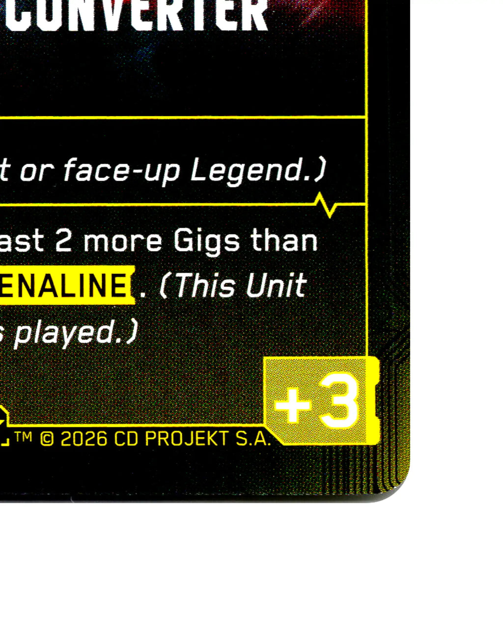 Adrenaline Converter B059 Cyberpunk 2077 TCG Beta card front bottom-right corner