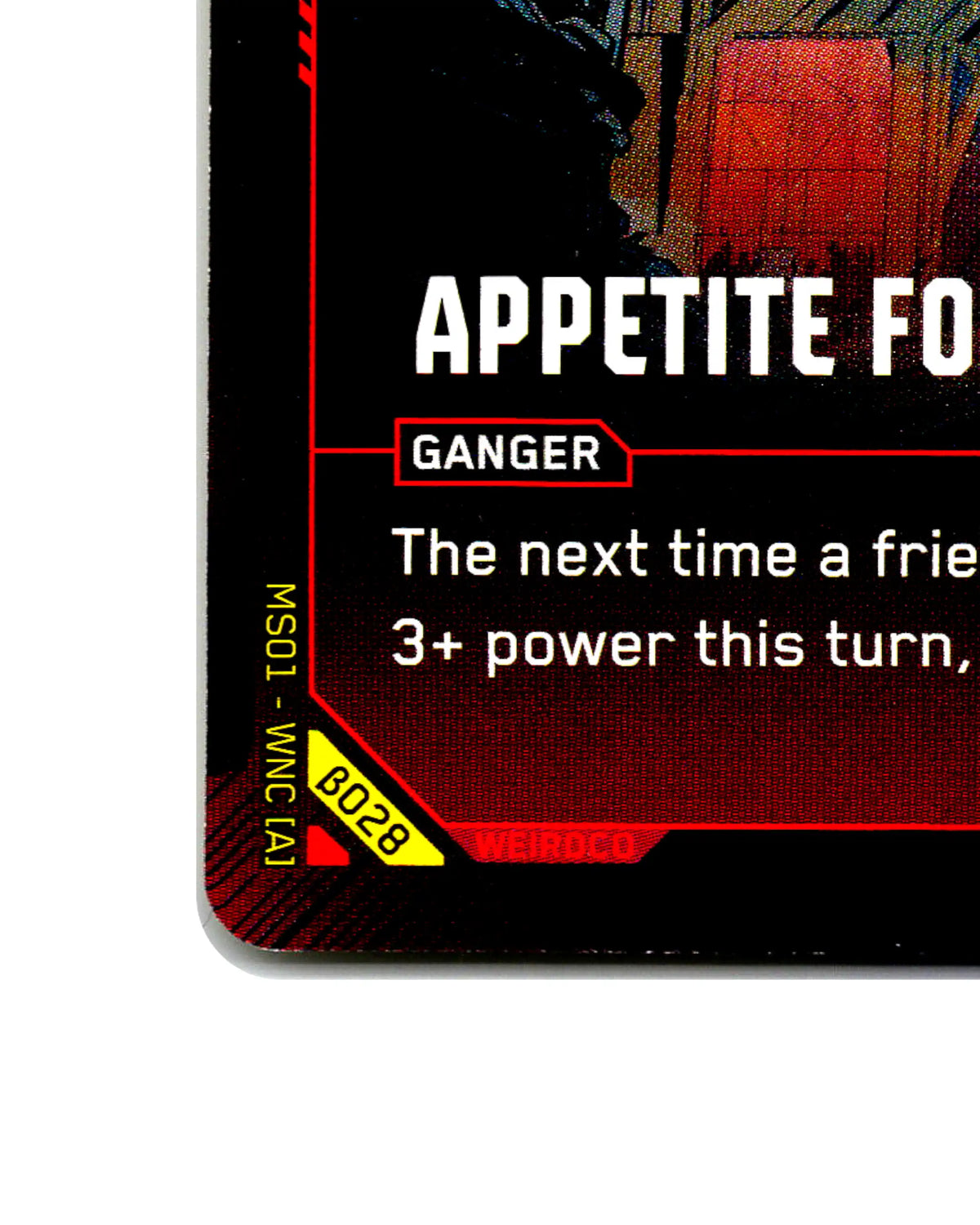 Appetite for Destruction B028 Cyberpunk 2077 TCG Beta card front bottom-left corner