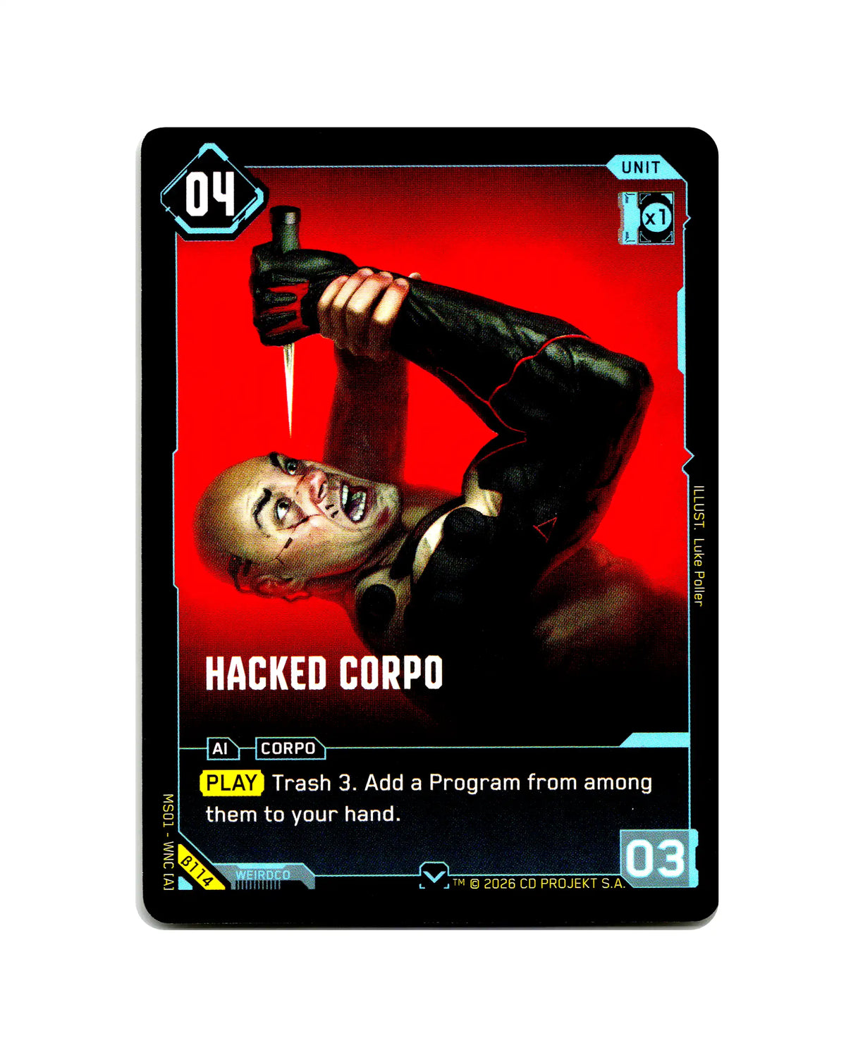 Hacked Corpo B114 Cyberpunk 2077 TCG Beta card front