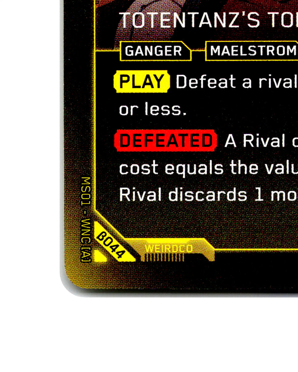 Caliber — Totentanz's Top Dog B044 Cyberpunk 2077 TCG Beta card front bottom-left corner