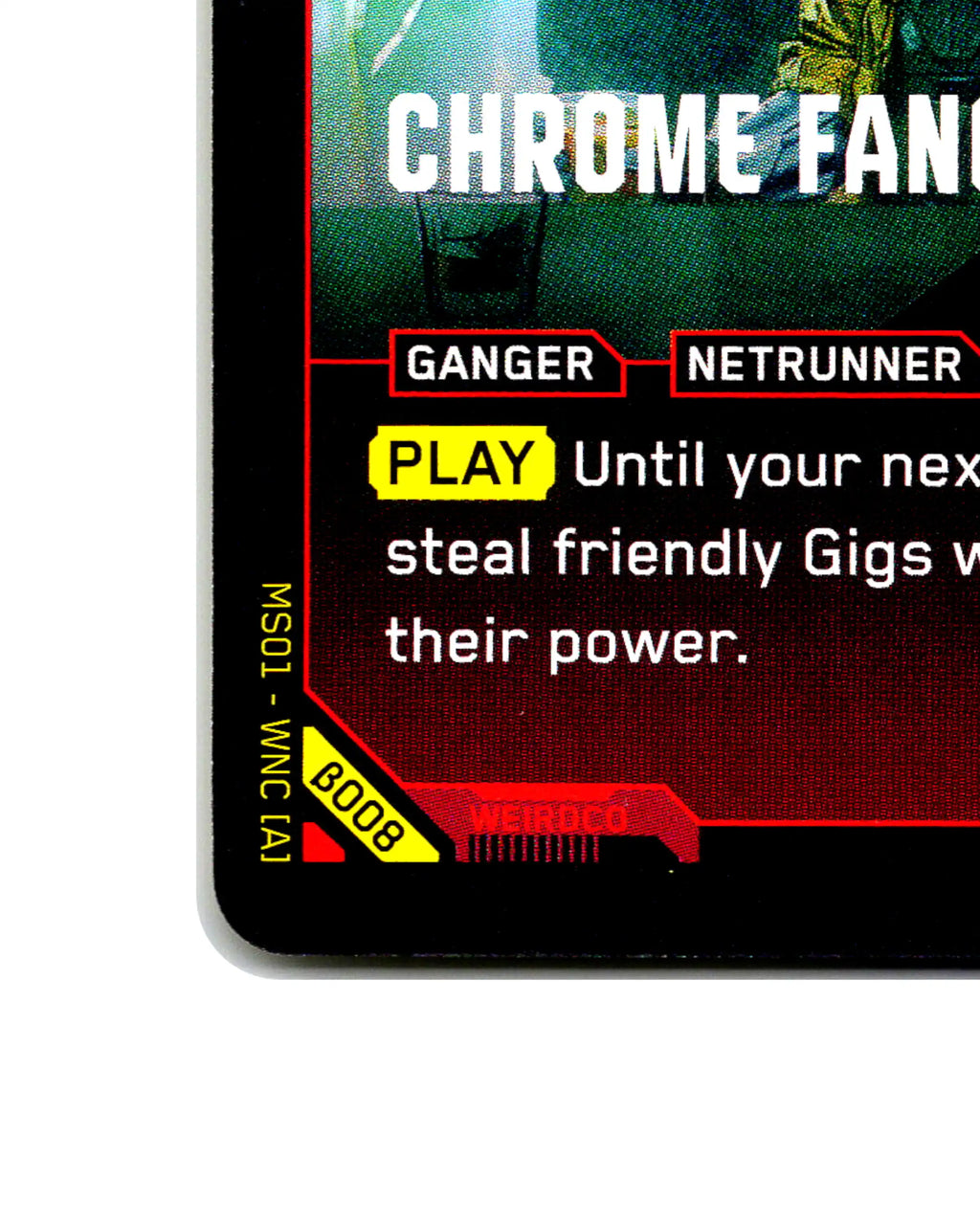 Chrome Fang B008 Cyberpunk 2077 TCG Beta card front bottom-left corner