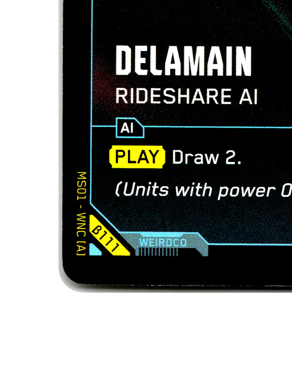 Delamain — Rideshare AI B111 Cyberpunk 2077 TCG Beta card front bottom-left corner