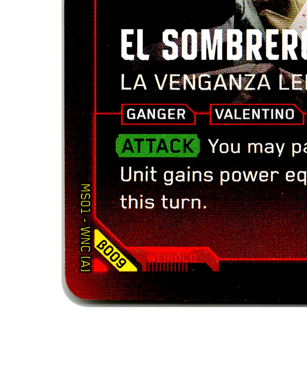 El Sombreron — La Venganza Lenta B009 Cyberpunk 2077 TCG Beta card front bottom-left corner