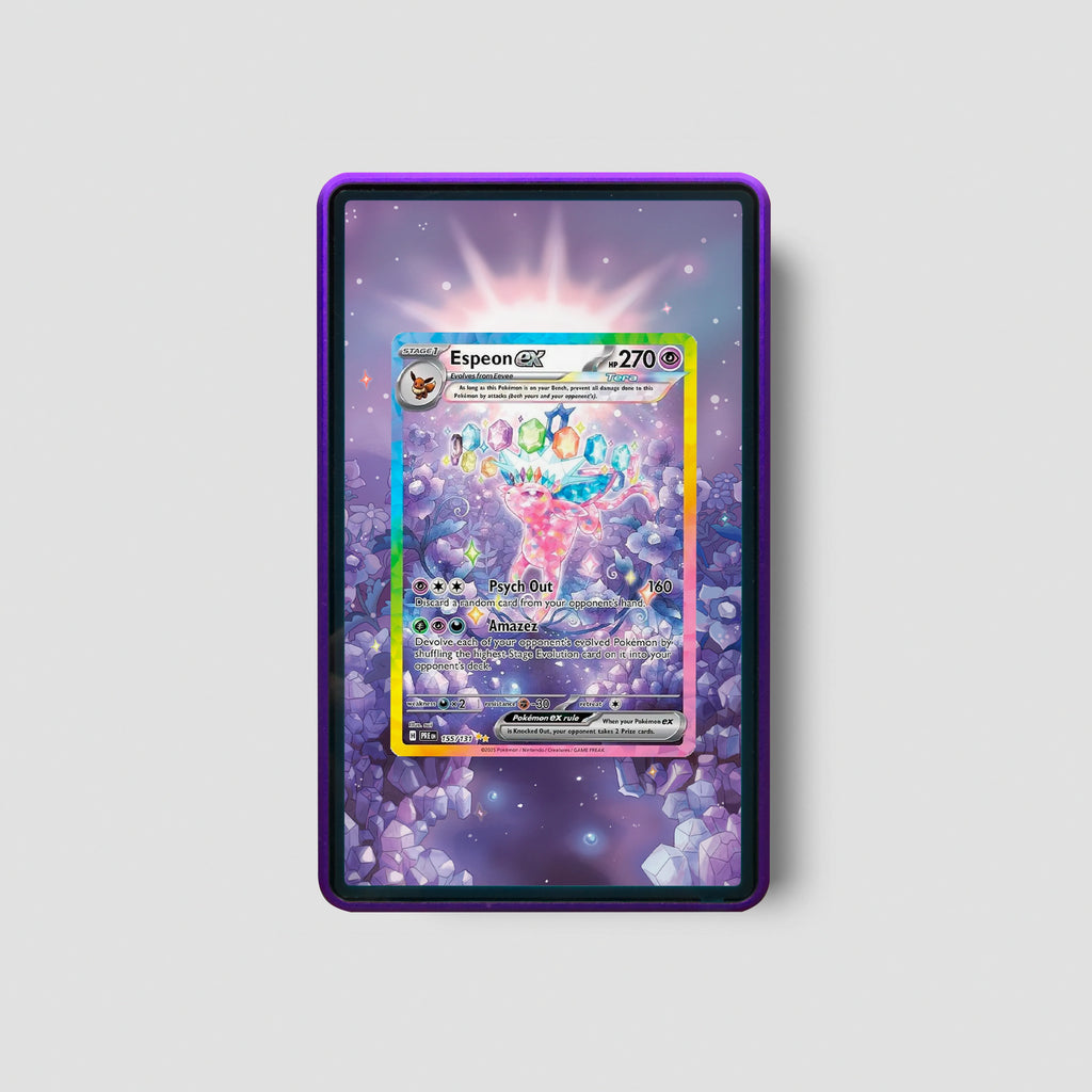 Pokémon trading card in a purple holder on a light gray background