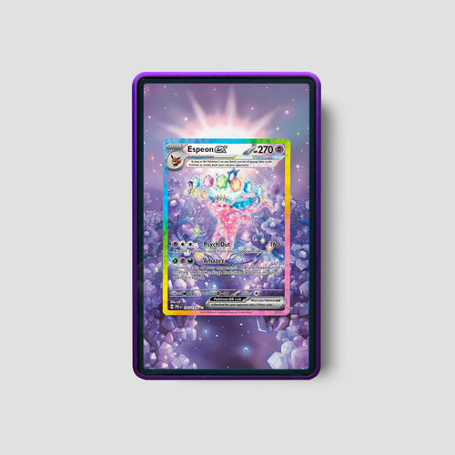 Pokémon trading card in a purple holder on a light gray background