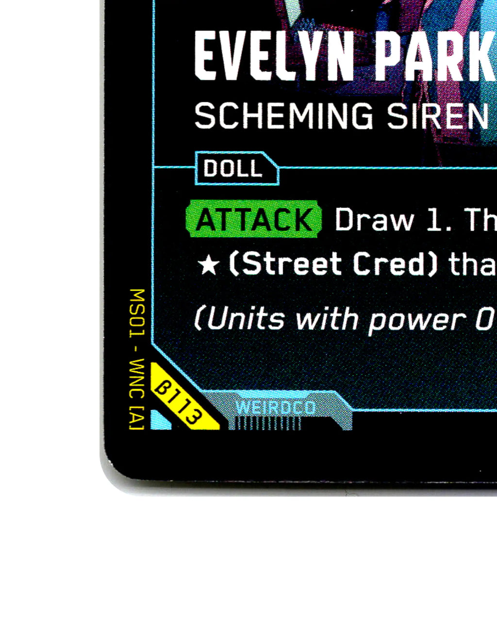 Evelyn Parker — Scheming Siren B113 Cyberpunk 2077 TCG Beta card front bottom-left corner