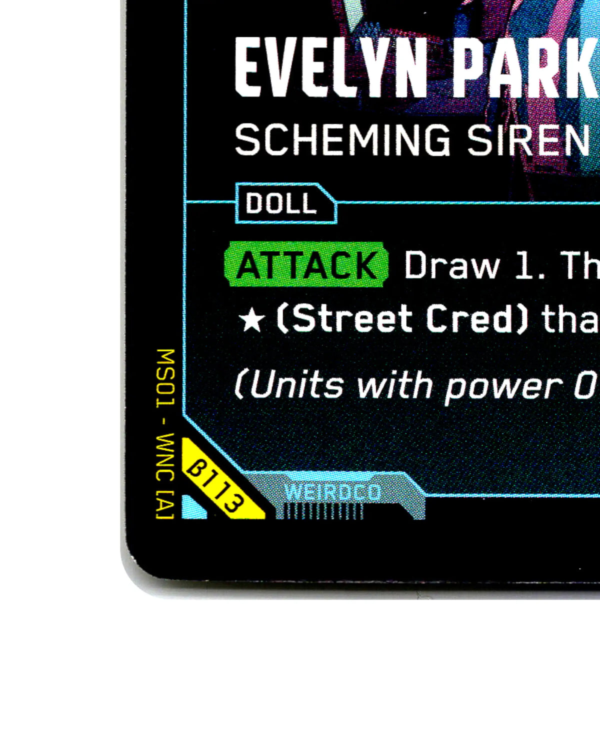 Evelyn Parker — Scheming Siren B113 Cyberpunk 2077 TCG Beta card front bottom-left corner
