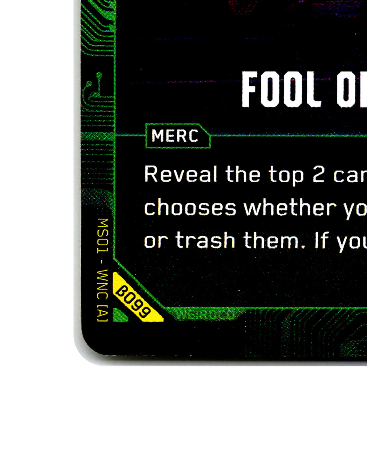 Fool on the Hill B099 Cyberpunk 2077 TCG Beta card front bottom-left corner