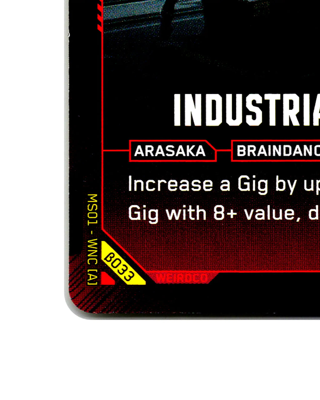 Industrial Assembly B033 Cyberpunk 2077 TCG Beta card front bottom-left corner