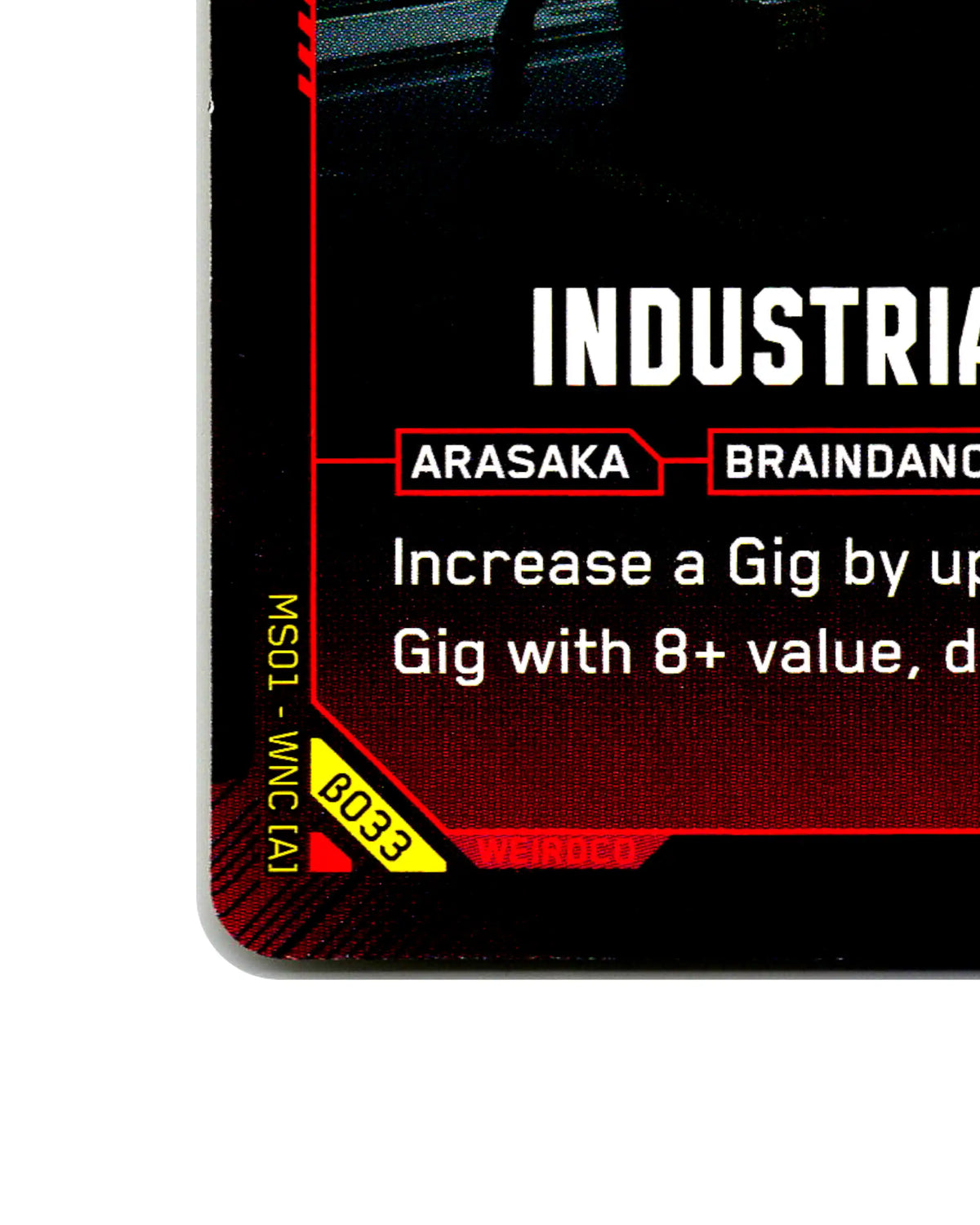 Industrial Assembly B033 Cyberpunk 2077 TCG Beta card front bottom-left corner