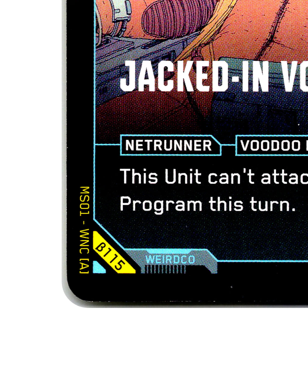 Jacked-In Voodoo Boy B115 Cyberpunk 2077 TCG Beta card front bottom-left corner