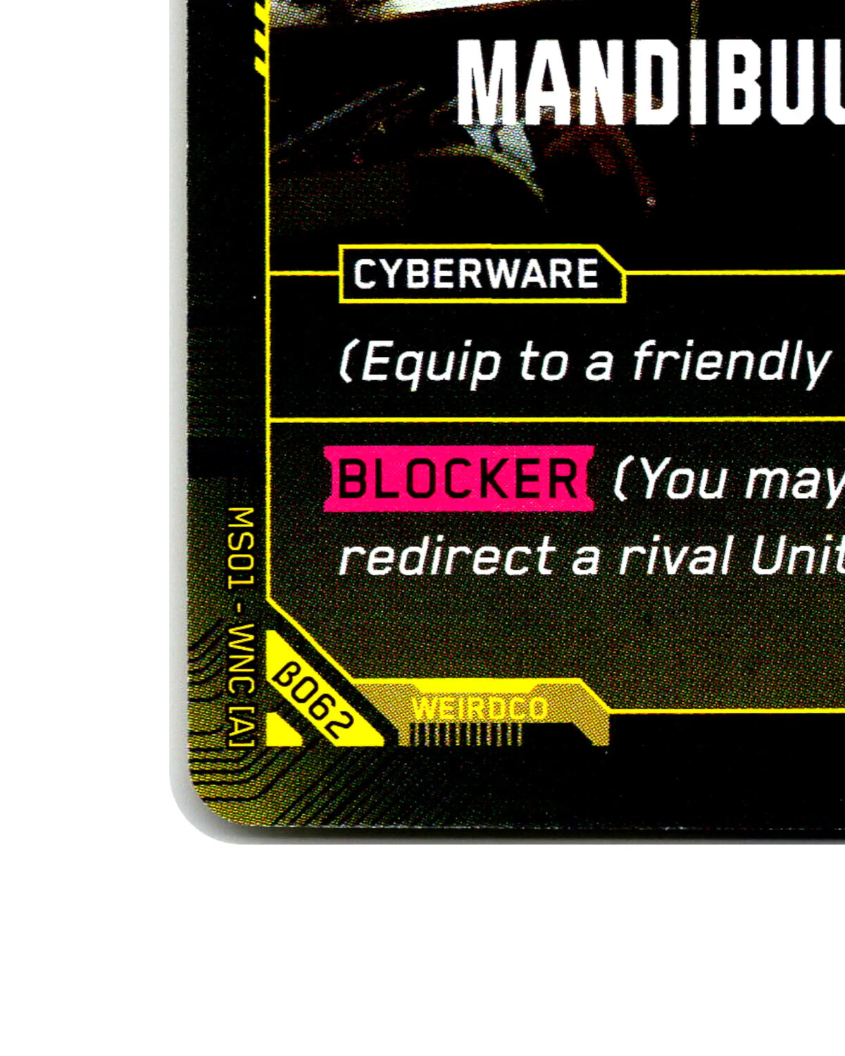 Mandibular Upgrade B062 Cyberpunk 2077 TCG Beta card front bottom-left corner