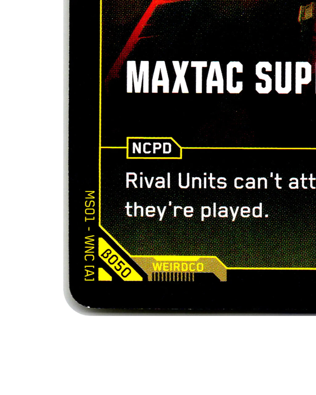 Maxtac Suppression Team B050 Cyberpunk 2077 TCG Beta card front bottom-left corner