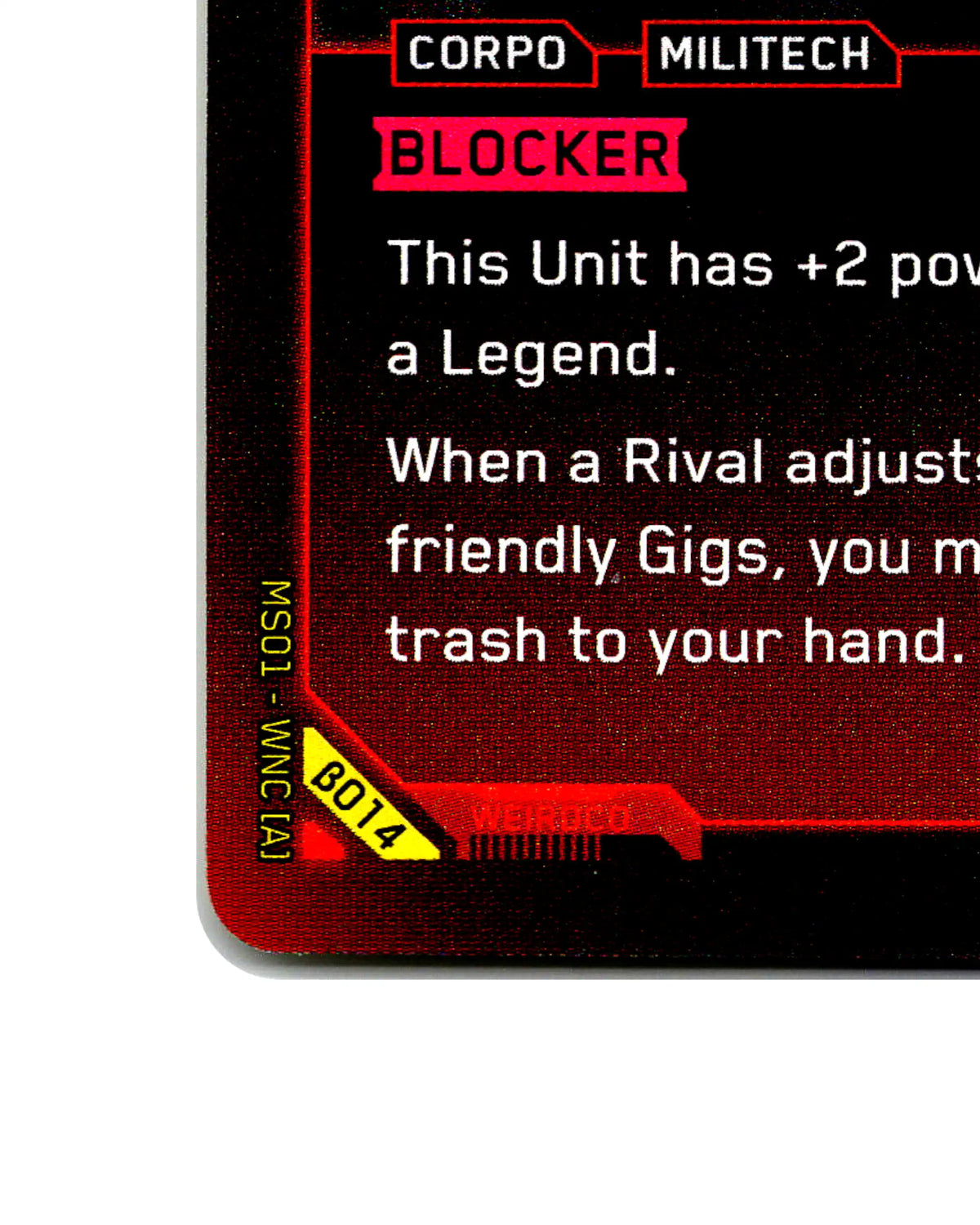 Meredith Stout — Stone Cold Corpo B014 Cyberpunk 2077 TCG Beta card front bottom-left corner