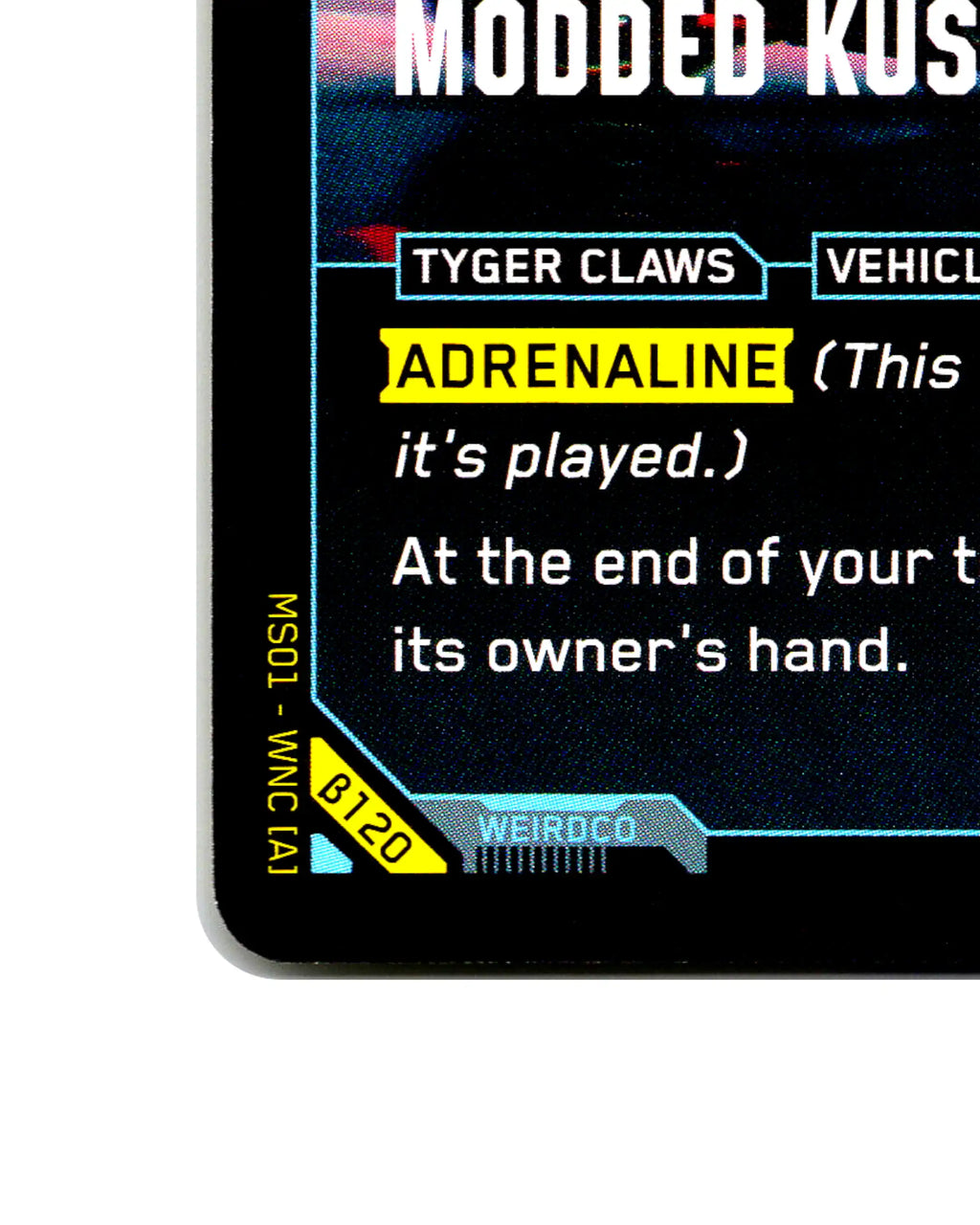 Modded Kusanagi B120 Cyberpunk 2077 TCG Beta card front bottom-left corner