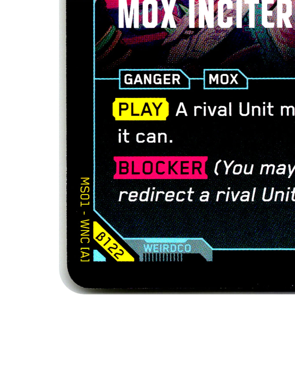 Mox Inciters B122 Cyberpunk 2077 TCG Beta card front bottom-left corner