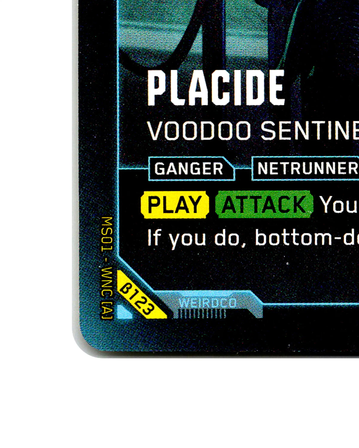 Placide — Voodoo Sentinel B123 Cyberpunk 2077 TCG Beta card front bottom-left corner