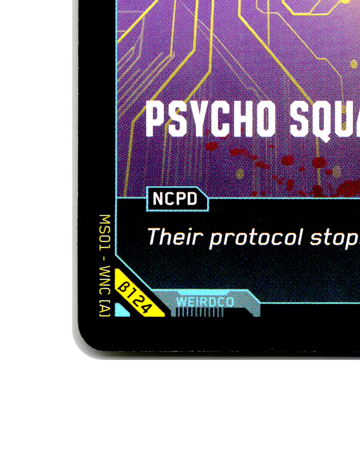 Psycho Squad B124 Cyberpunk 2077 TCG Beta card front bottom-left corner