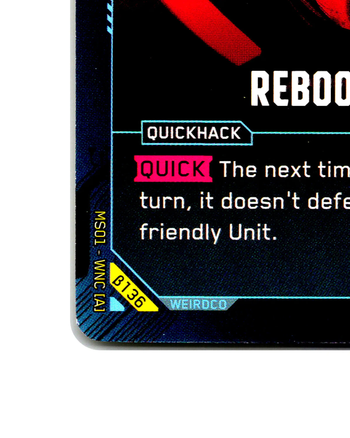 Reboot Optics B136 Cyberpunk 2077 TCG Beta card front bottom-left corner