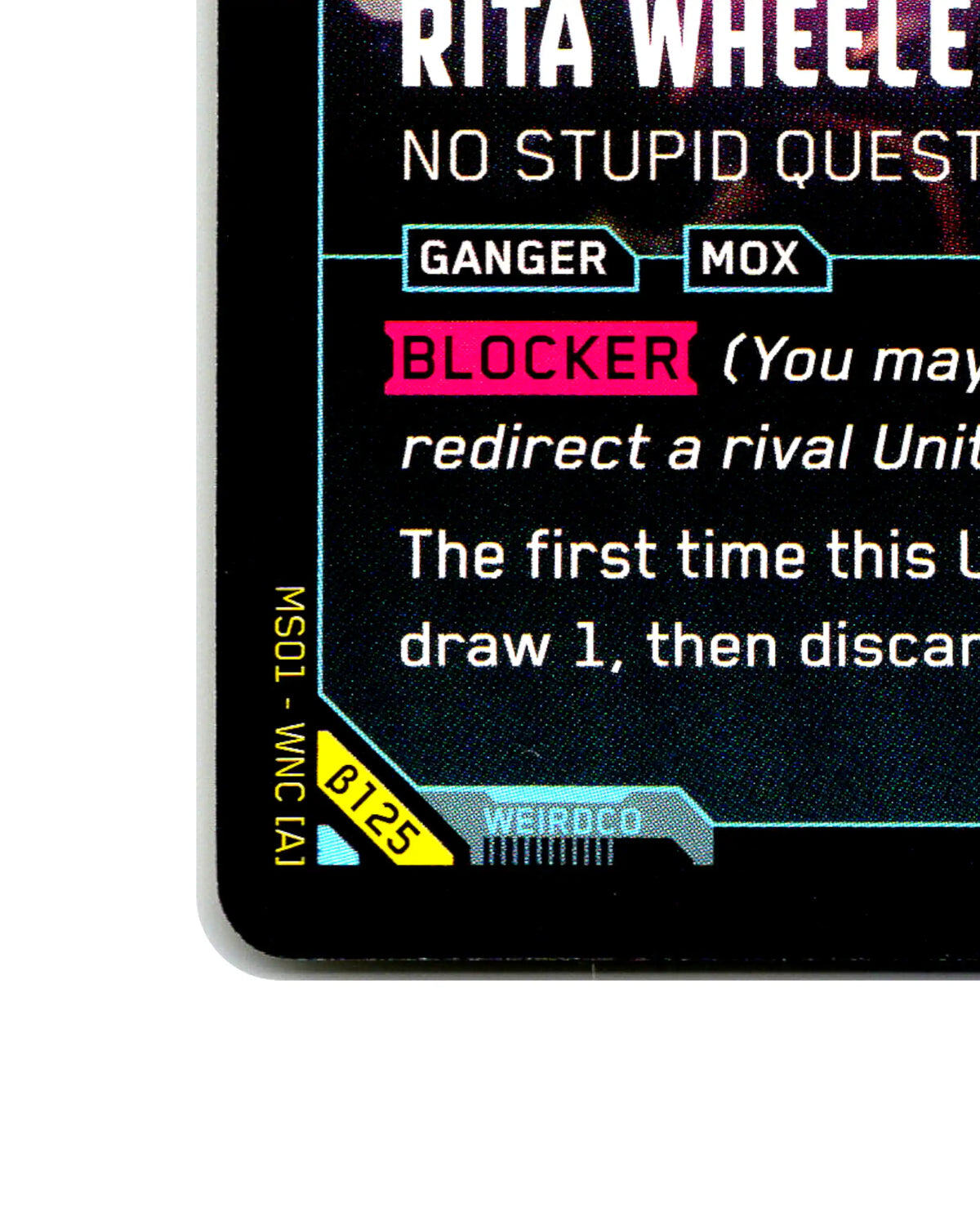Rita Wheeler — No Stupid Questions B125 Cyberpunk 2077 TCG Beta card front bottom-left corner