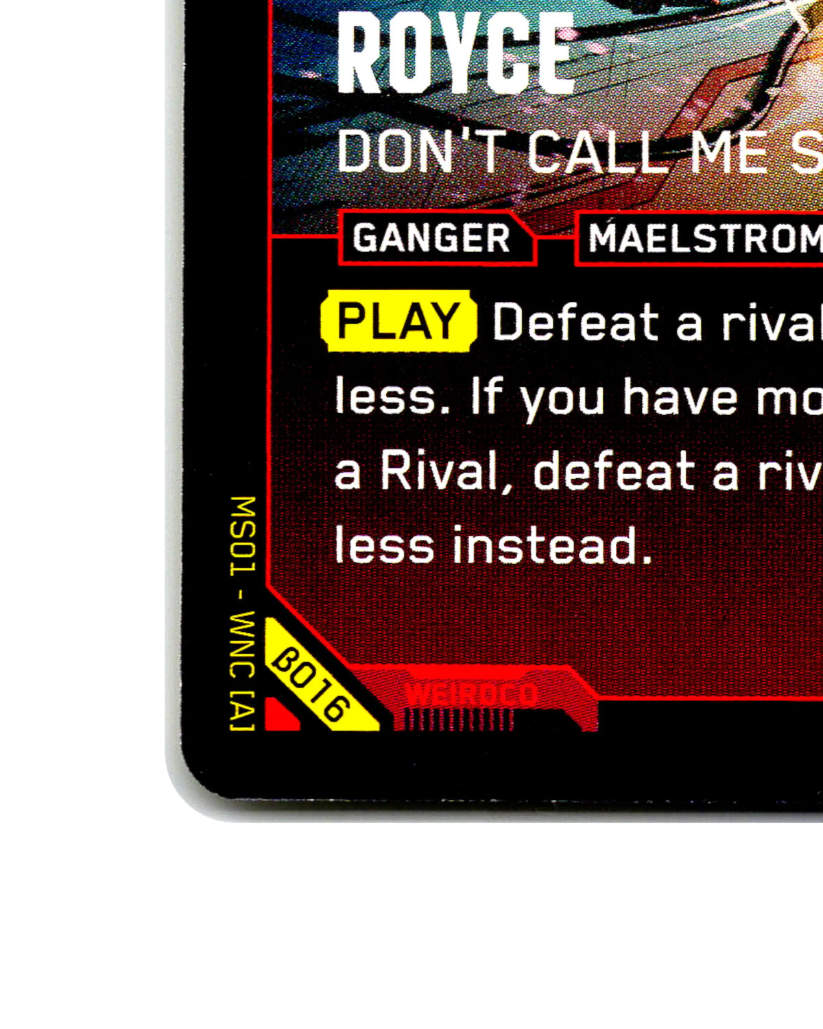 Royce — Don't Call Me Simon B016 Cyberpunk 2077 TCG Beta card front bottom-left corner