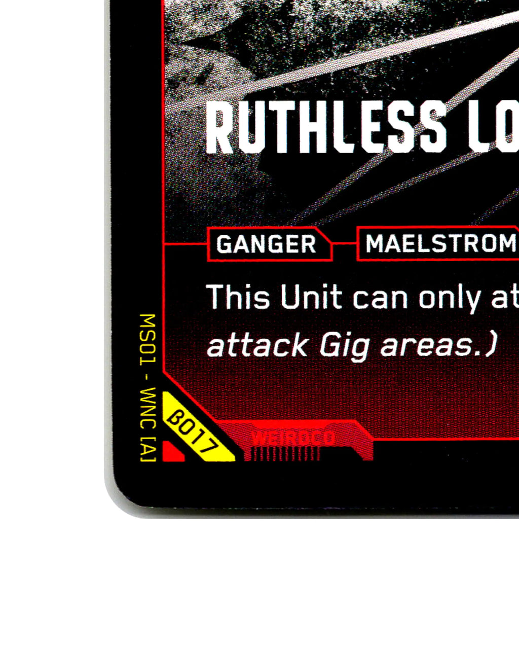Ruthless Lowlife B017 Cyberpunk 2077 TCG Beta card front bottom-left corner