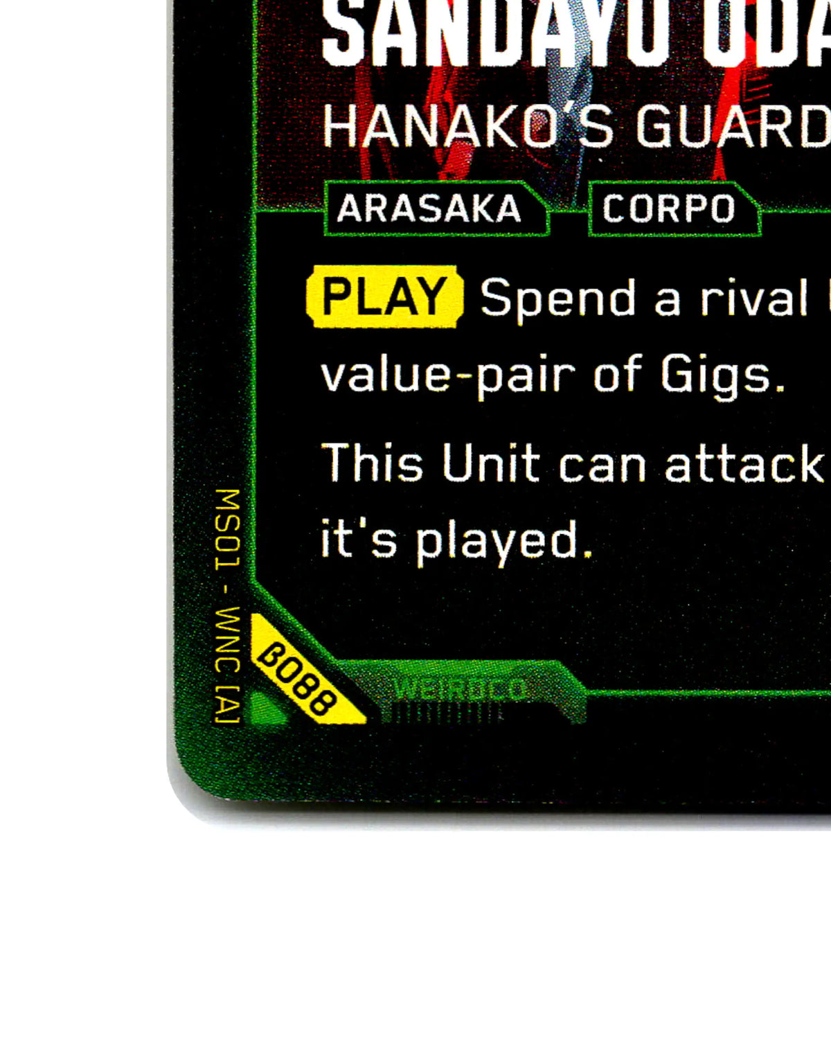 Sandayu Oda — Hanako's Guardian B088 Cyberpunk 2077 TCG Beta card front bottom-left corner