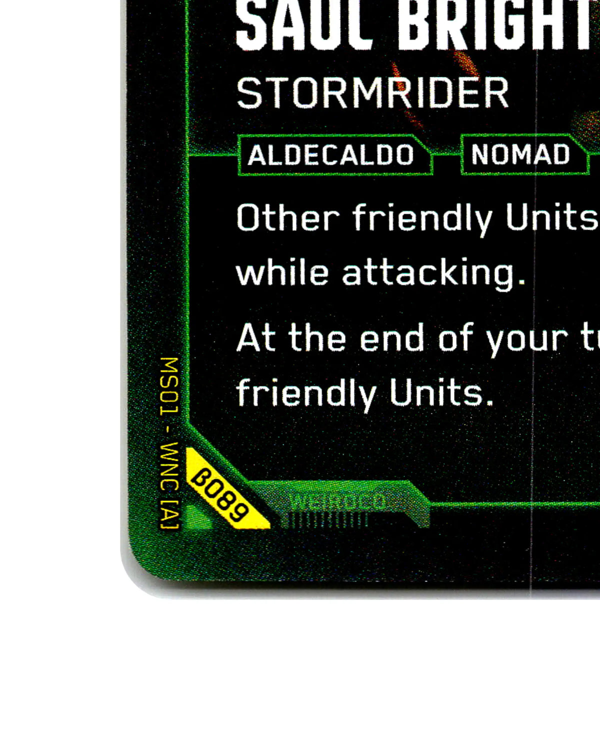 Saul Bright — Stormrider B089 Cyberpunk 2077 TCG Beta card front bottom-left corner