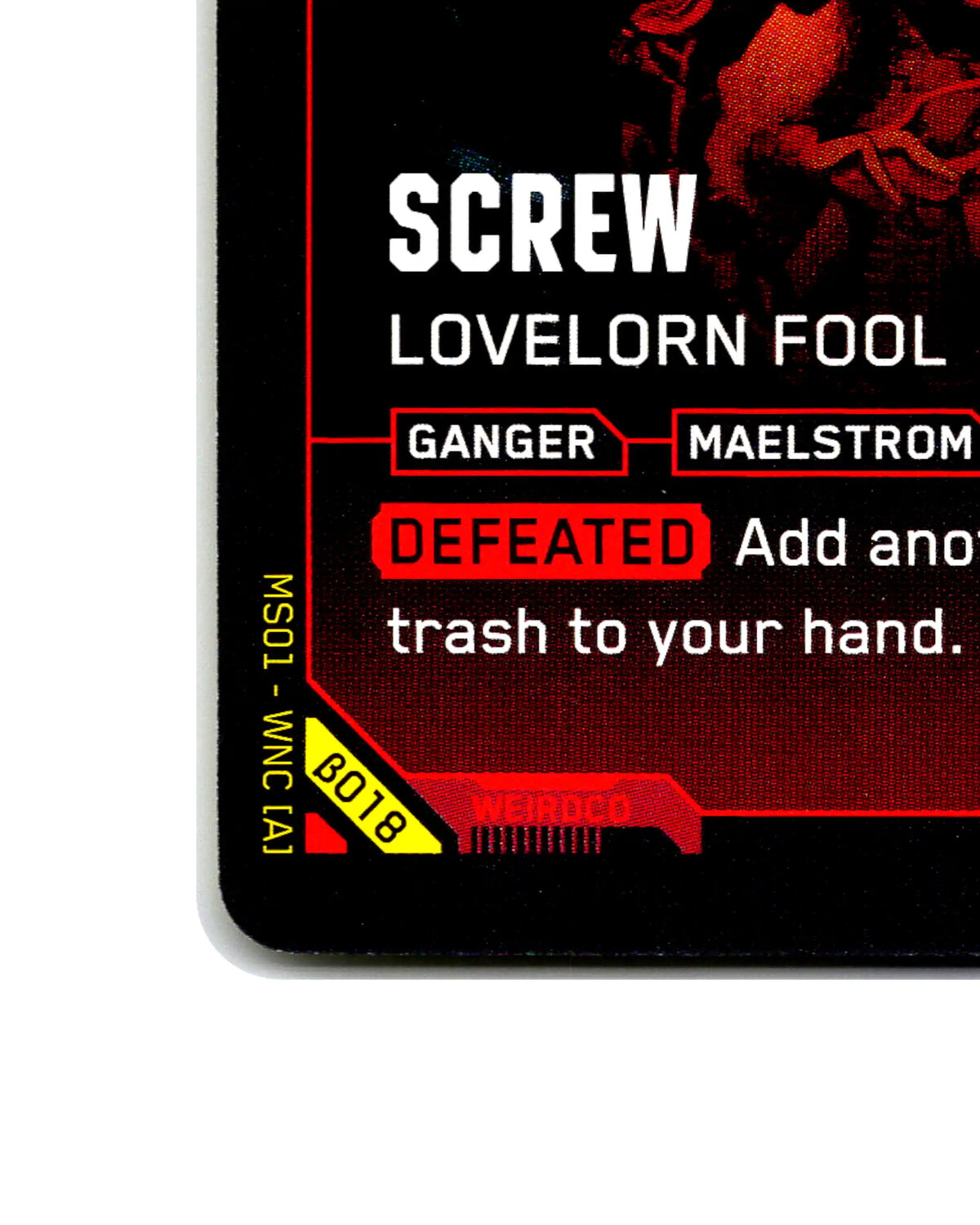 Screw — Lovelorn Fool B018 Cyberpunk 2077 TCG Beta card front bottom-left corner
