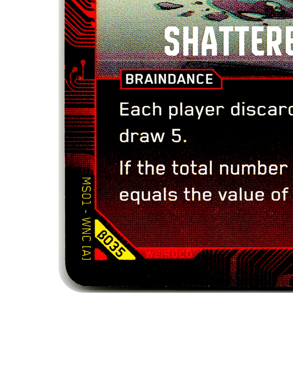 Shattered Memories B035 Cyberpunk 2077 TCG Beta card front bottom-left corner