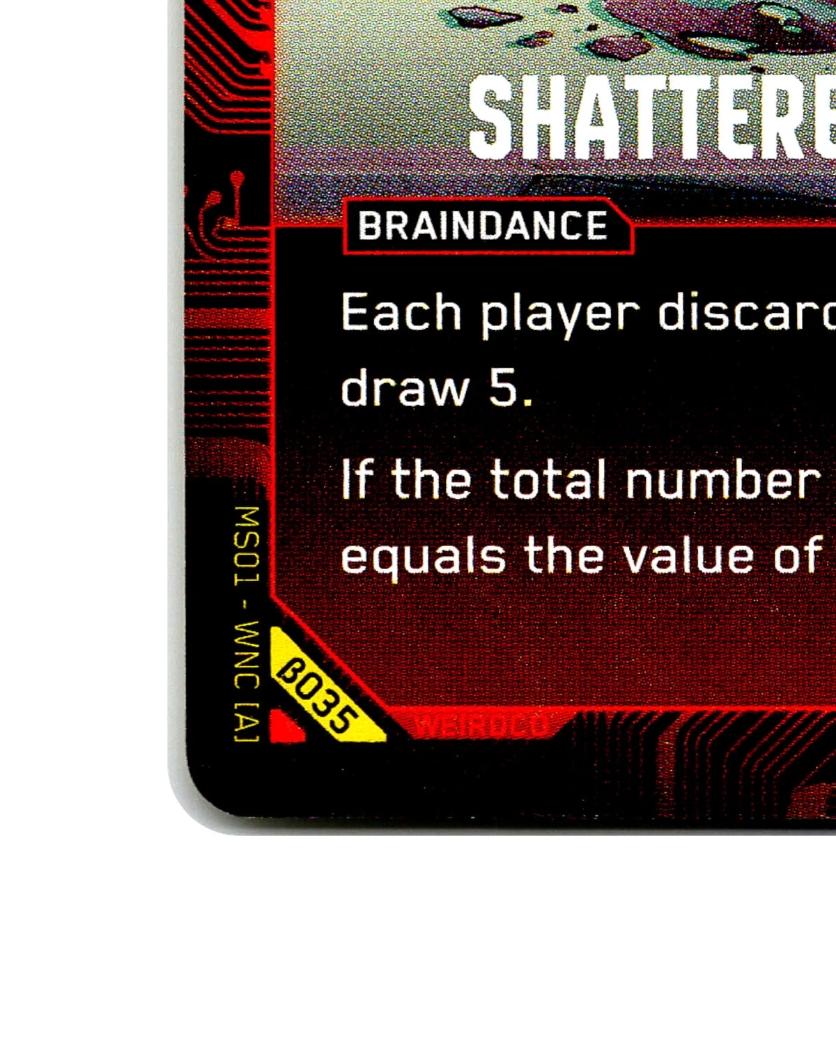 Shattered Memories B035 Cyberpunk 2077 TCG Beta card front bottom-left corner