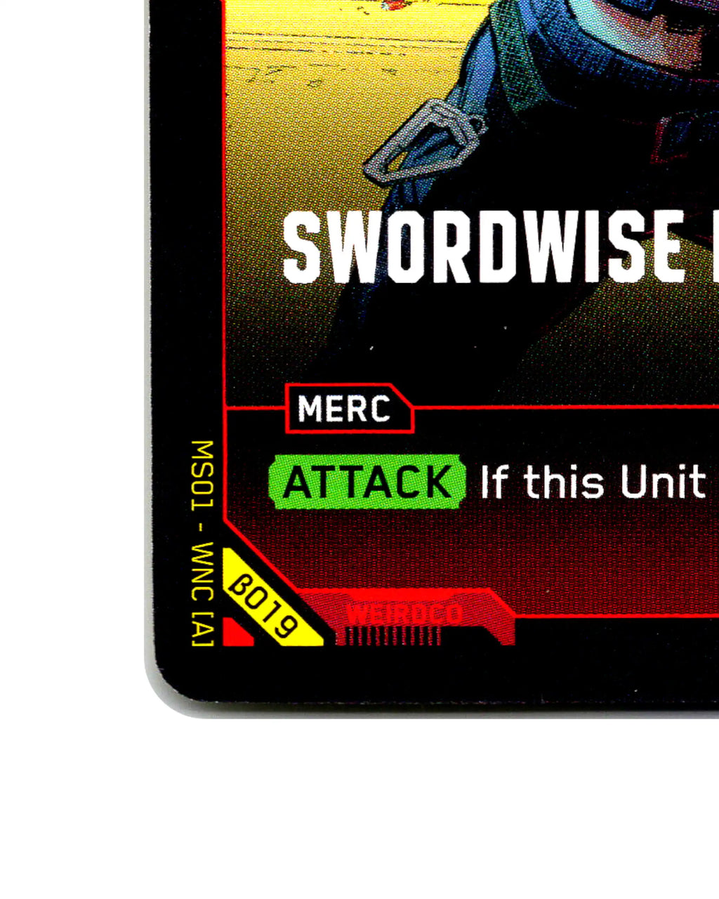 Swordwise Huscle B019 Cyberpunk 2077 TCG Beta card front bottom-left corner