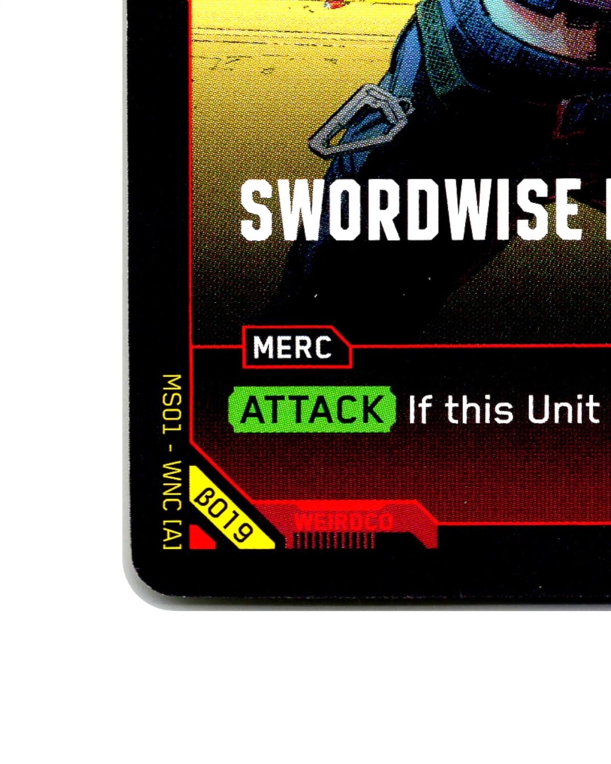 Swordwise Huscle B019 Cyberpunk 2077 TCG Beta card front bottom-left corner