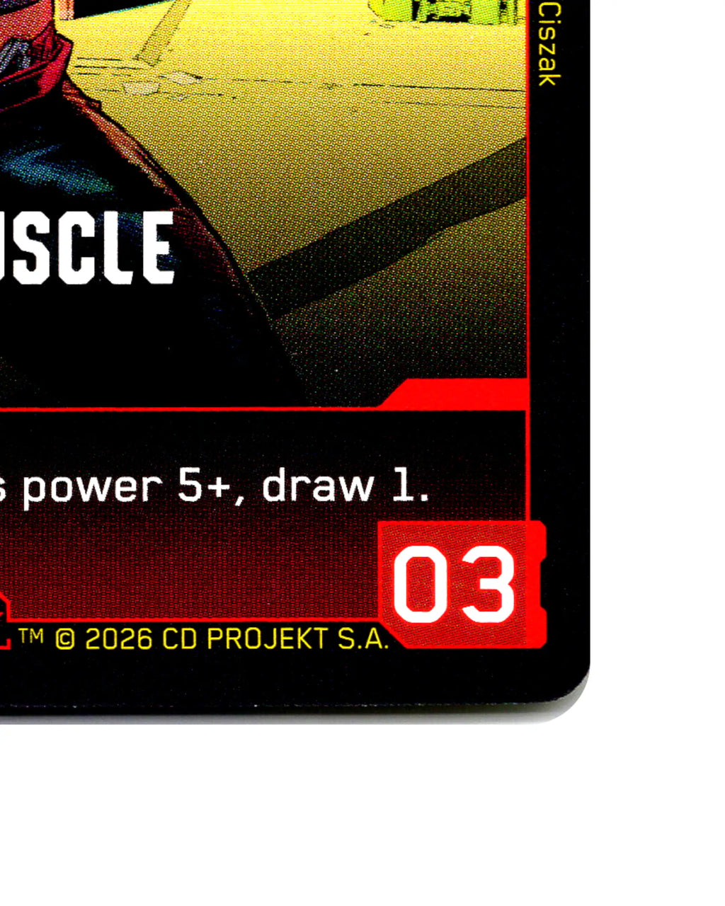 Swordwise Huscle B019 Cyberpunk 2077 TCG Beta card front bottom-right corner