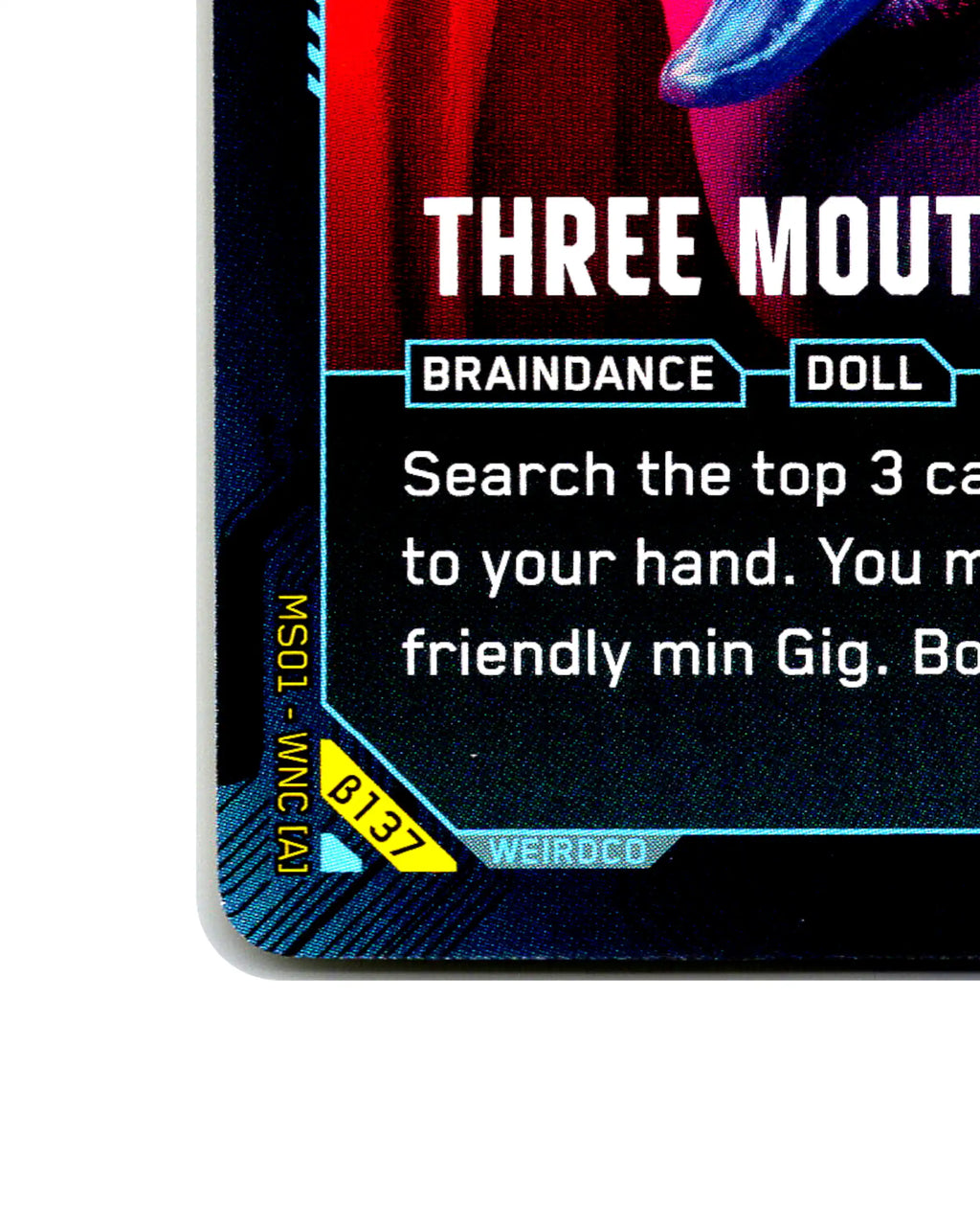 Three Mouths, One Desire B137 Cyberpunk 2077 TCG Beta card front bottom-left corner