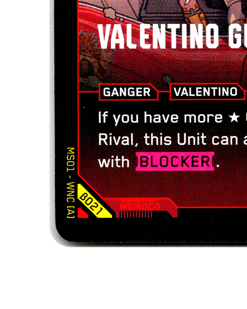 Valentino Guerrera B021 Cyberpunk 2077 TCG Beta card front bottom-left corner
