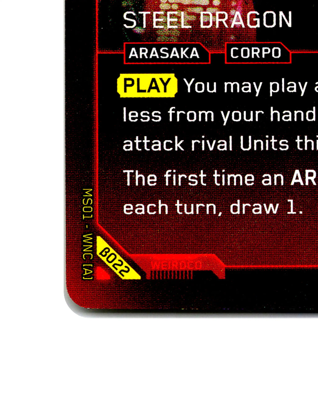 Yorinobu Arasaka — Steel Dragon B022 Cyberpunk 2077 TCG Beta card front bottom-left corner